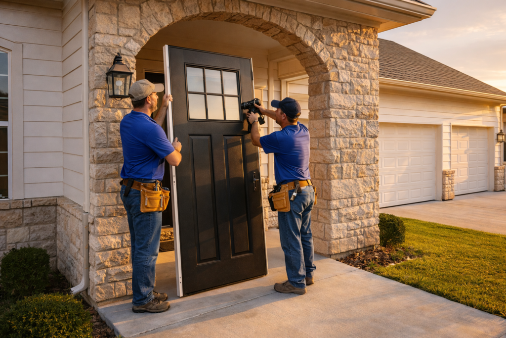 Professional door installation on a two-story home in Frisco, TX