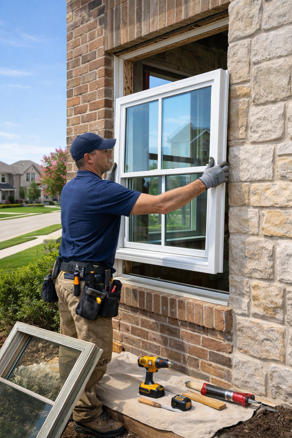 Window installation service by a professional contractor on a Frisco, TX home