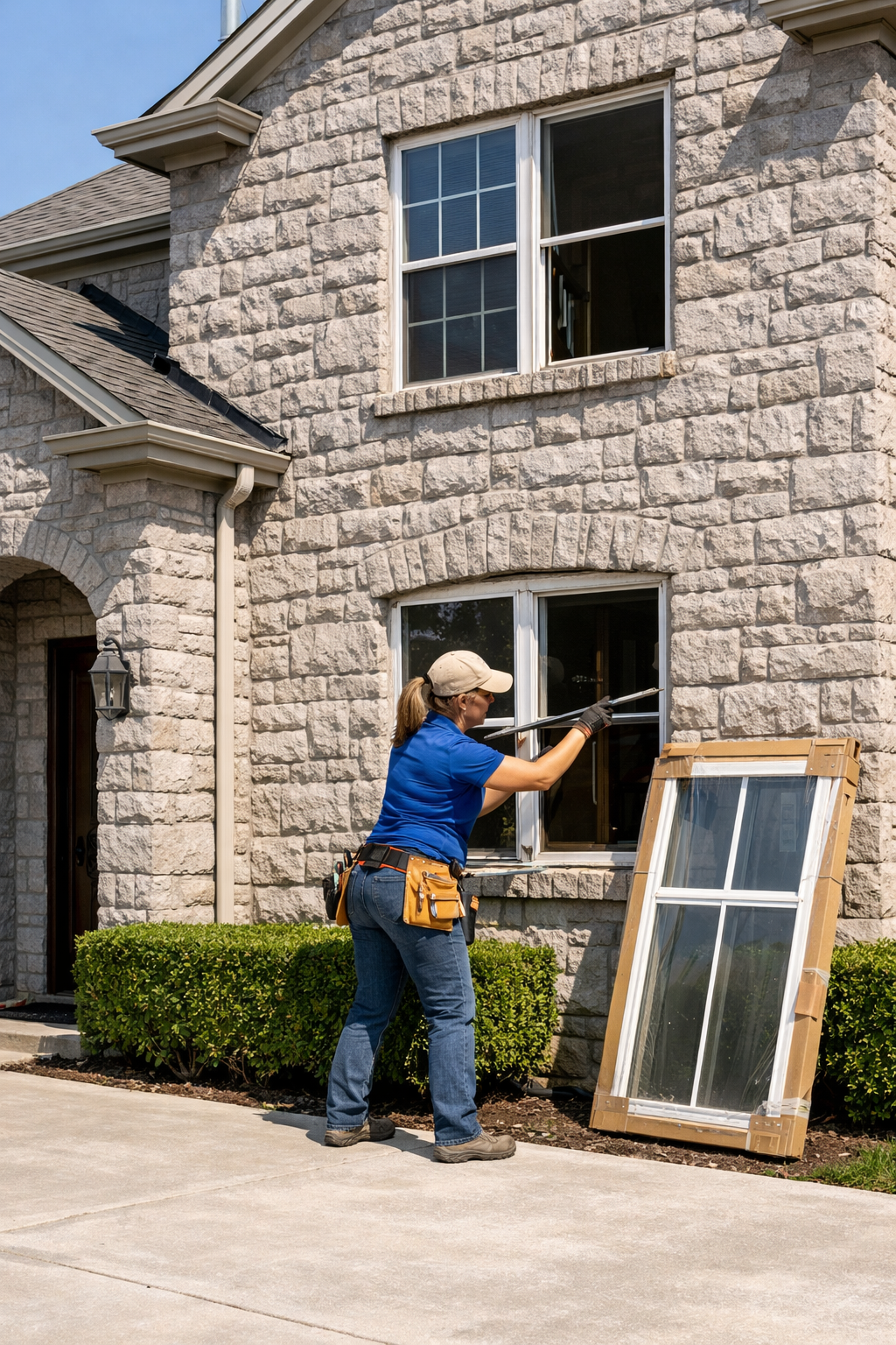 Window replacement in progress on a brick home in Frisco, Texas